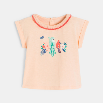 تيشيرت برتقالي بياقة مكشكشة وعليه رقعة مرسوم عليها عصافير، للطفلة الرضيعة